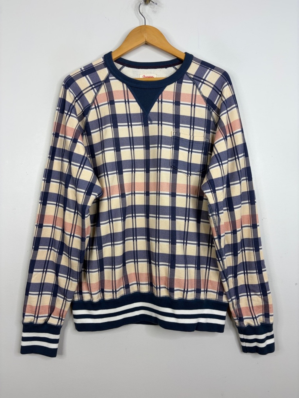 Champion x Todd Snyder Sweatshirt Men Large Blue Cream Plaid Cotton Terry Canada